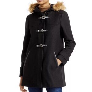 COLE HAAN Faux Fur Trimmed Wool Twill Duffle Coat